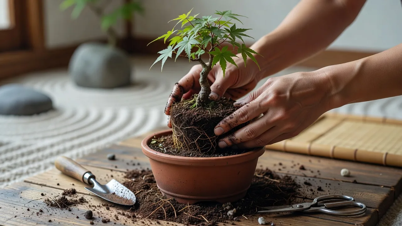 盆栽の丁寧な植え替え
